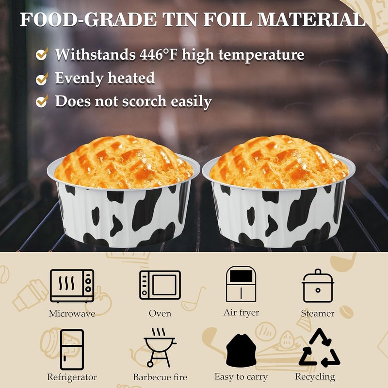 BAKINGPAK Aluminum Foil Baking Cups With Lids, 50pcs 4oz Disposable Ramekins Aluminum Pans Mini Cake Pans Cake Cups Thanksgiving, COW LINES, HG01AP125ACWX50 - Image 4